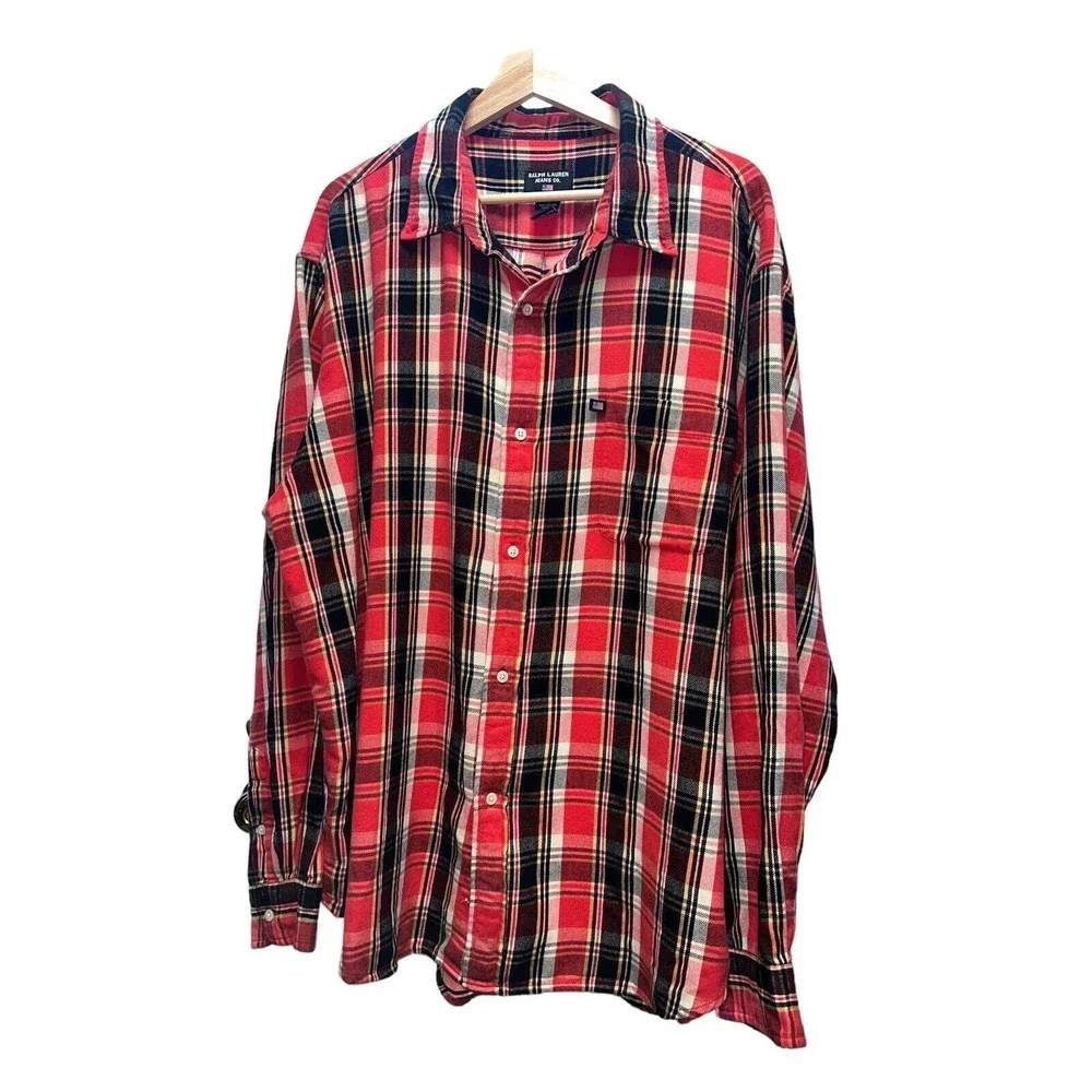 Ralph Lauren Mens Black Label Shirt‎ Red Black Yellow Large Cotton Flannel  XL